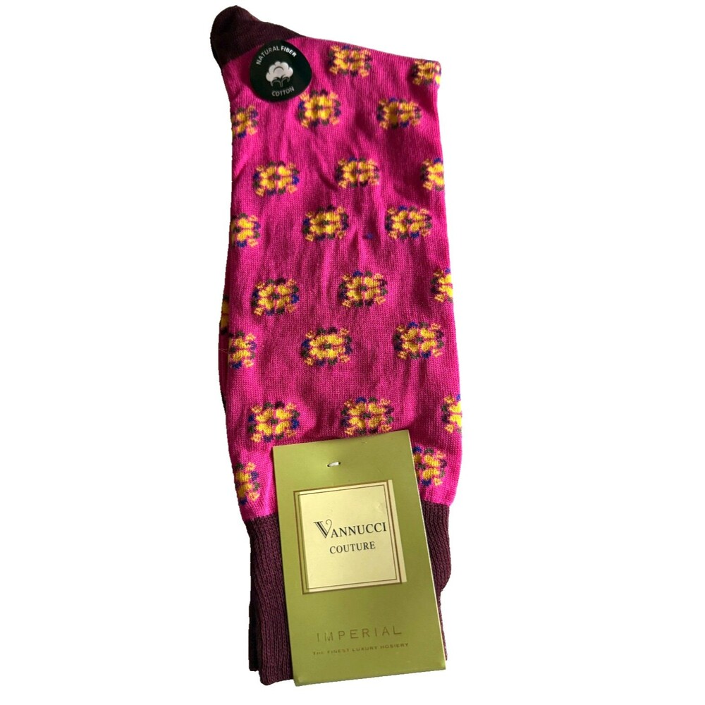 Vannucci Designer Floral Print Mens Dress Socks Pink Yellow Cotton Sz 10-13